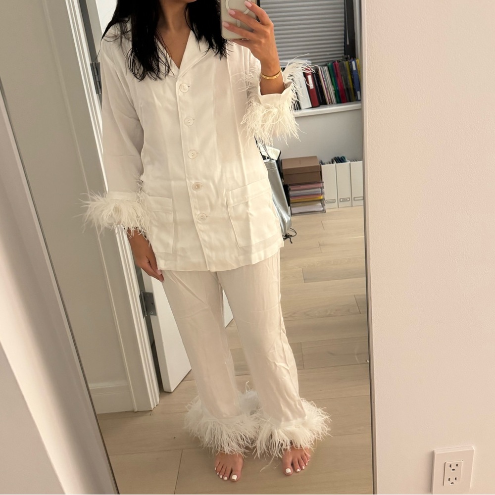 NWT Sleeper Party Pajama Two-Piece Set with Double Feather Trim in White US (XS)